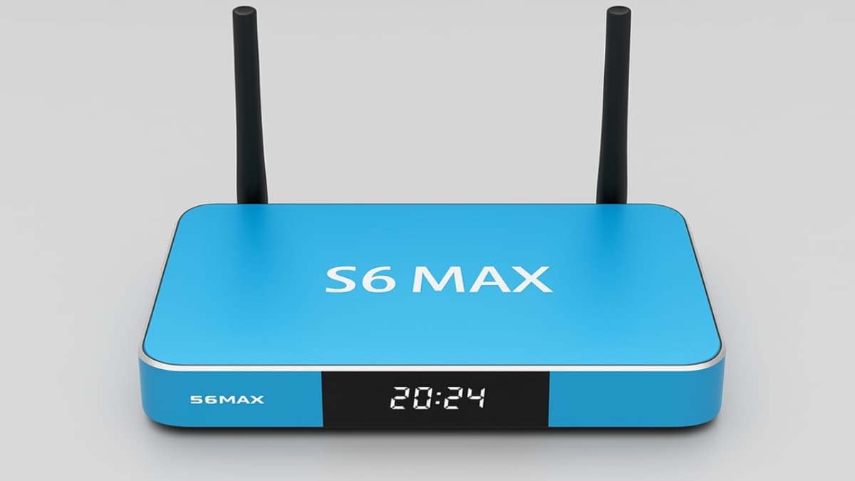 Blue S6 Max Pro 2025 media player with dual antennas and digital clock display on the front.