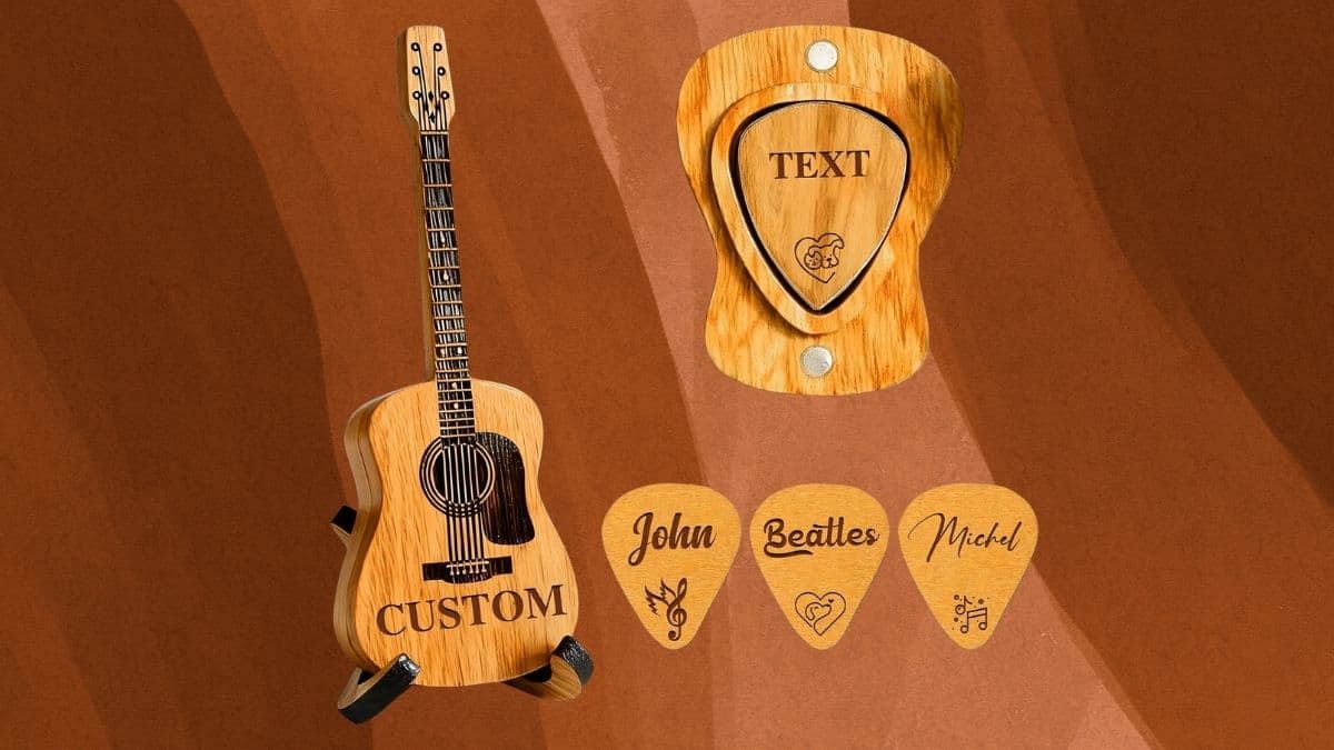 Personalized Wooden Guitar Pick Case with 3 Custom Guitar Picks: The Perfect Musician's Gift