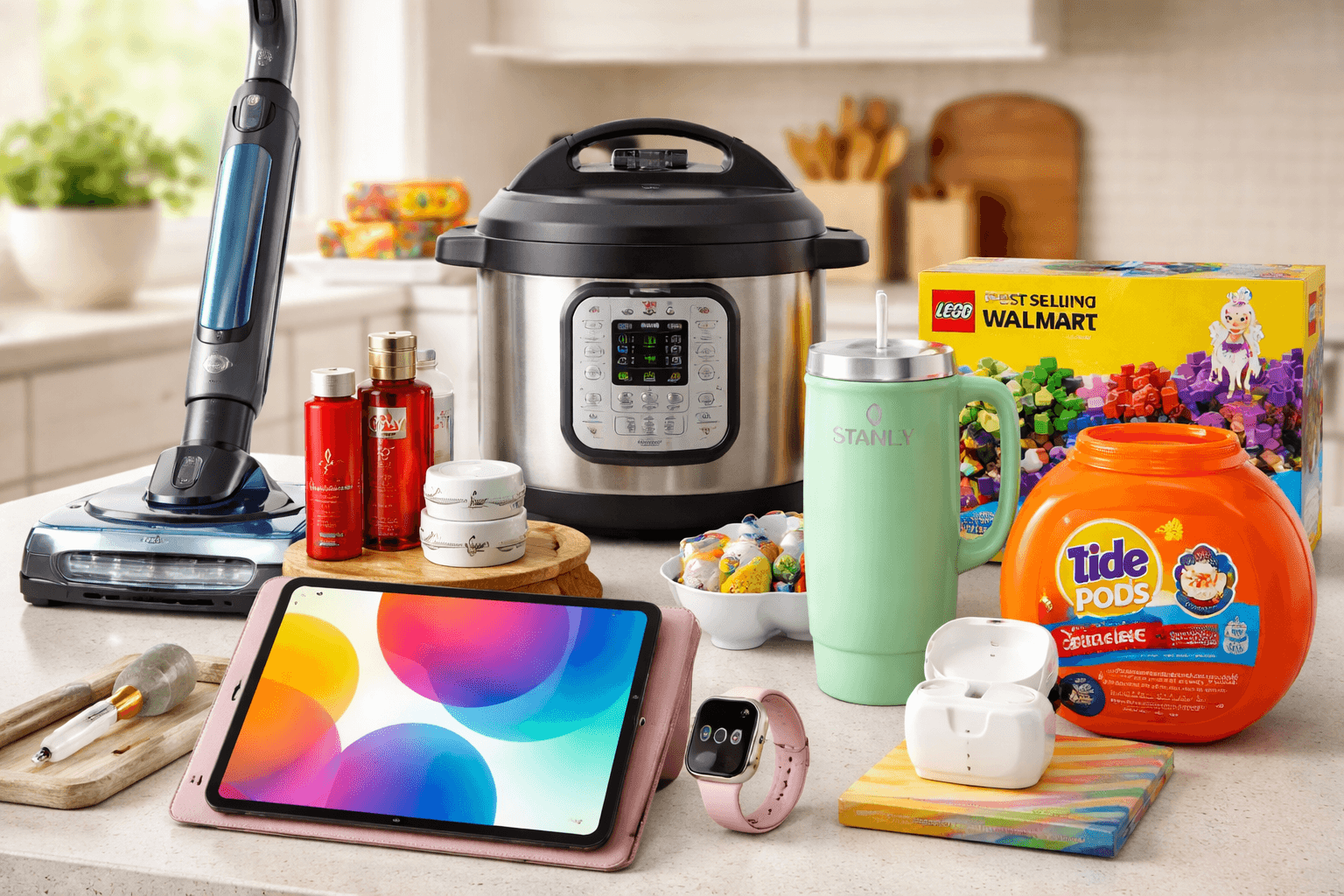 Best selling Walmart products displayed on store shelves with electronics and home items