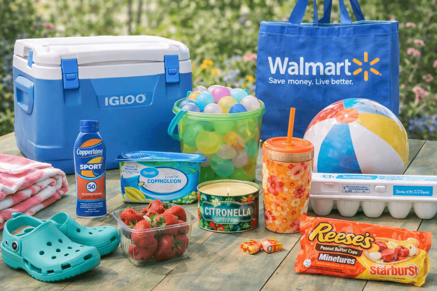 Walmart seasonal items display featuring garden supplies, grills, and holiday decorations on store shelves