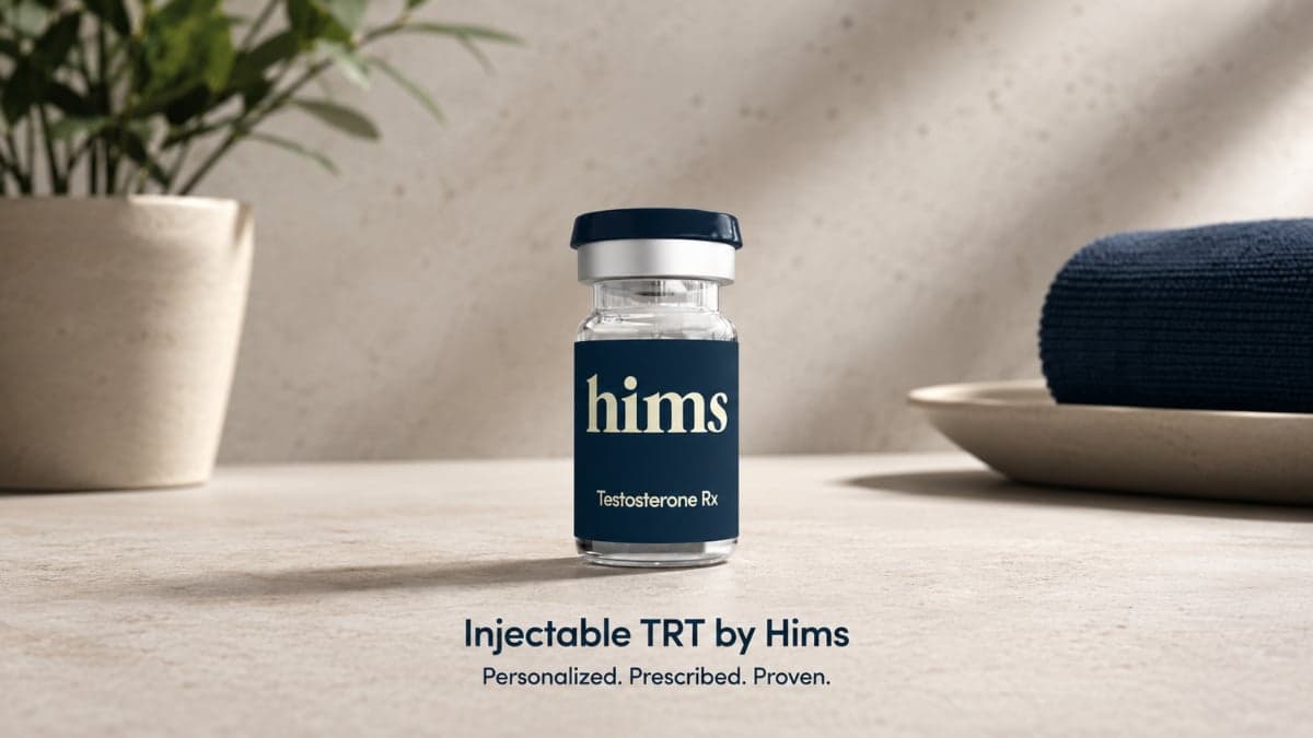 Hims injectable TRT treatment supplies and testosterone medication for low testosterone therapy.