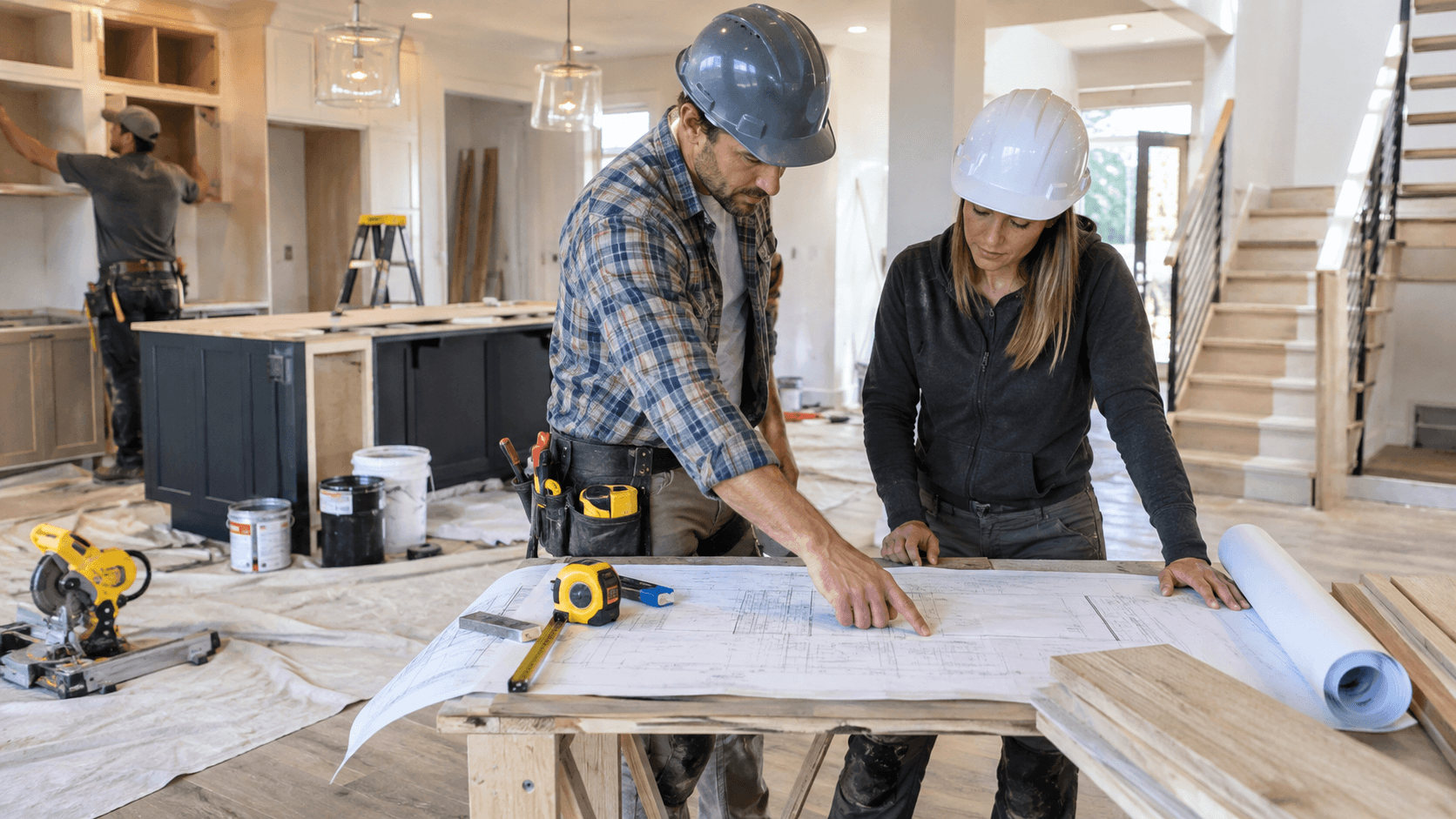Professional remodeling contractors renovating a modern home interior with tools and construction materials.
