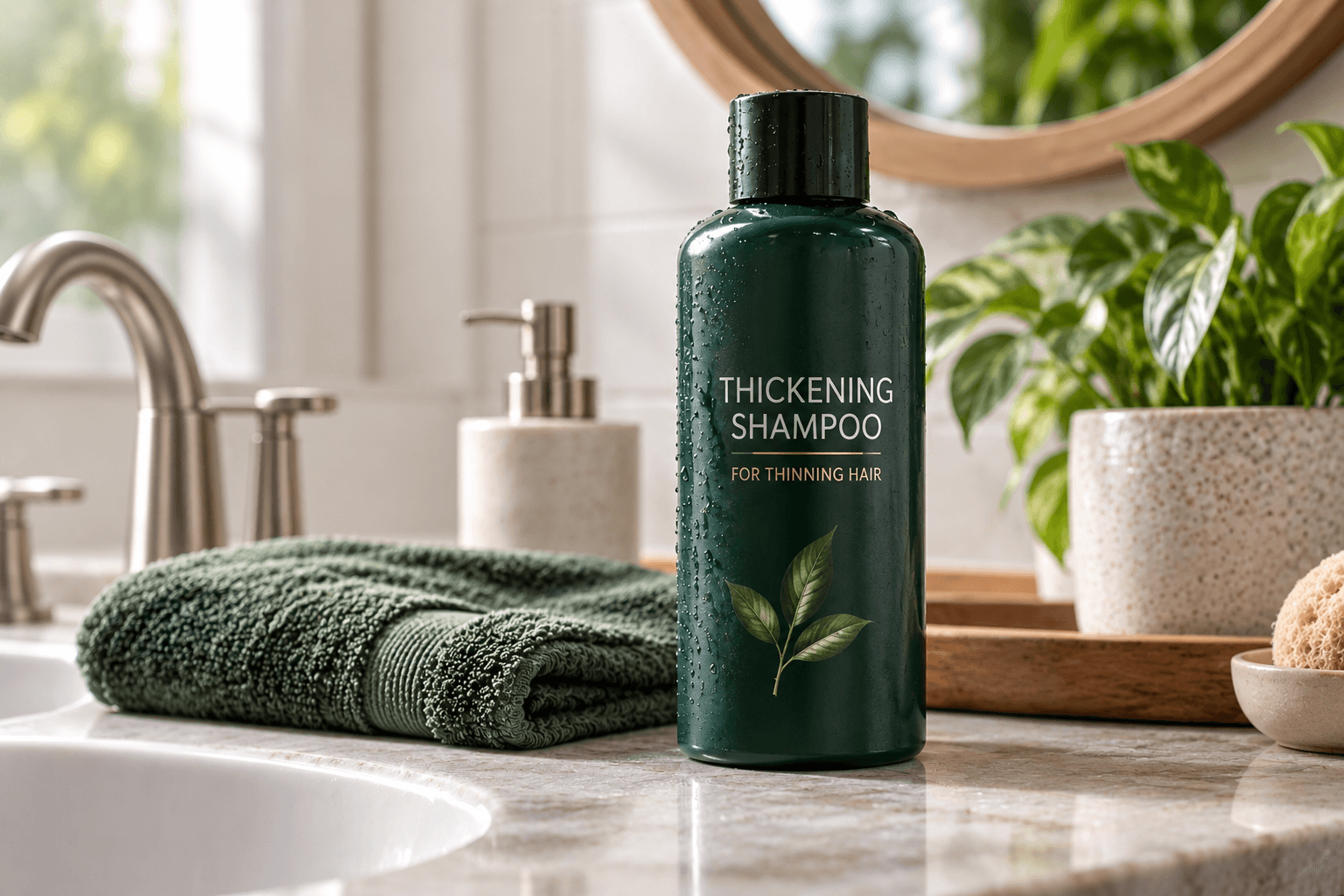 Keranique shampoo for thinning hair in a hair care setting, formulated to help improve volume and support fuller-looking, healthier-looking hair.